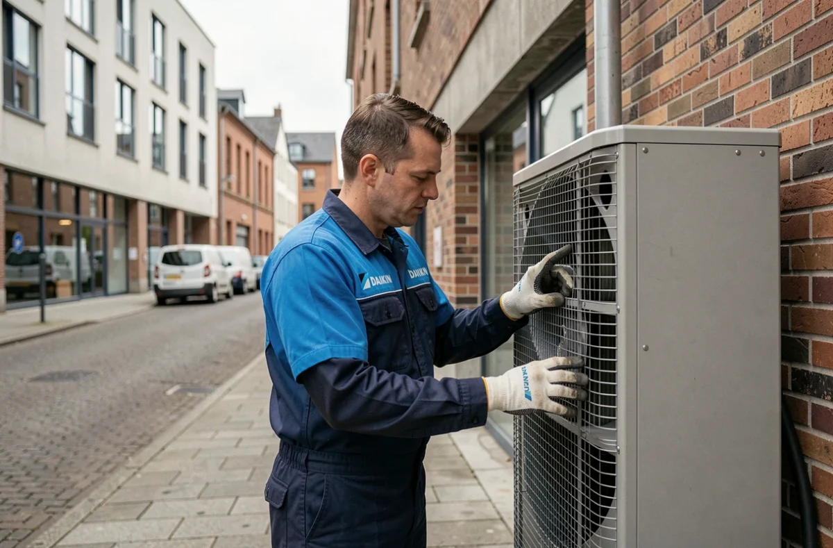 Technicien Daikin Center Lens installant une pompe à chaleur devant un bâtiment commercial à Lens