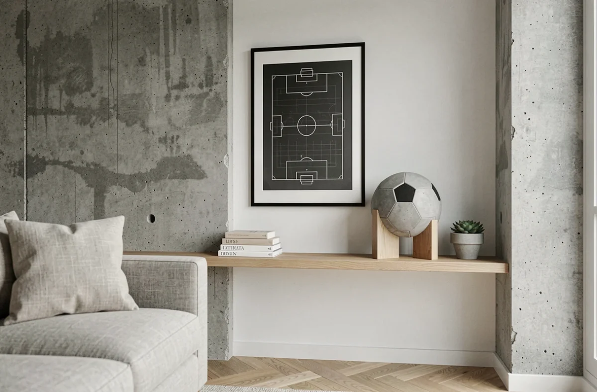 Décoration football neutre dans un salon moderne avec affiche noir et blanc d'un terrain de foot et sculpture géométrique en bois
