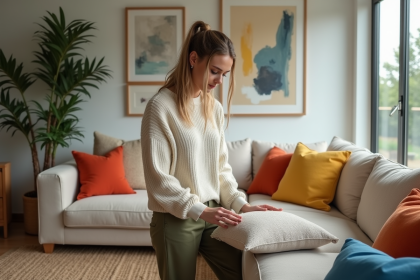 Femme stylée arrangeant des coussins colorés dans un salon moderne