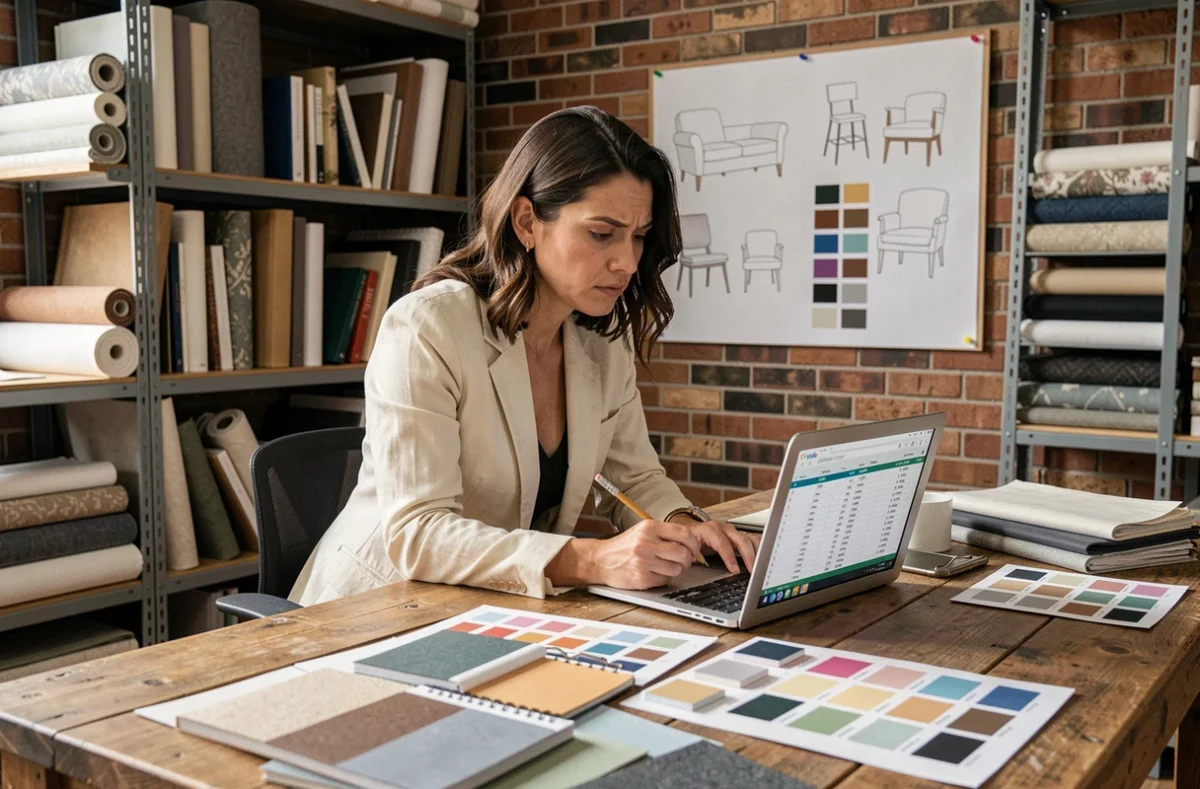 Décoratrice intérieure examinant un budget détaillé avec des échantillons de matériaux et des catalogues sur une table de travail en bois dans un studio de design professionnel