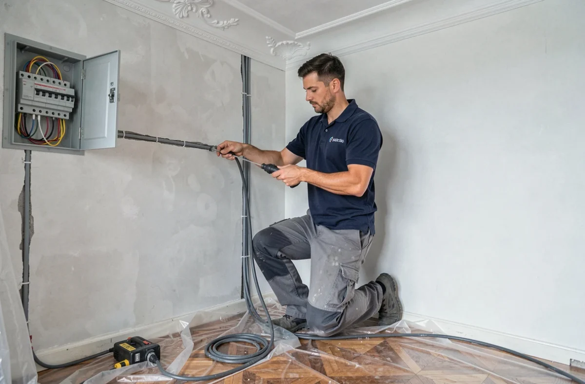 Électricien de Dépannage et Installation Électrique Bordeaux posant des conduits dans un appartement bordelais