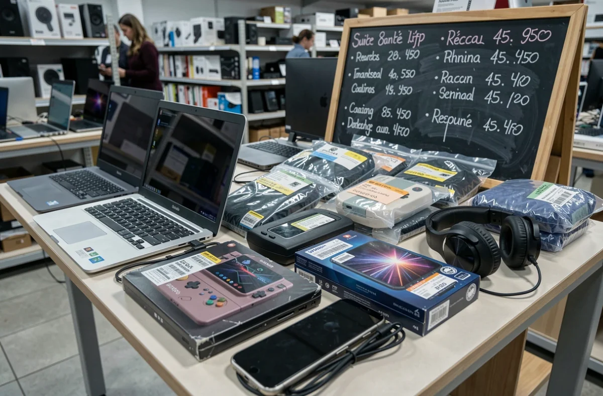 Rayon high-tech d'un dépôt-vente à Caen avec ordinateurs portables, consoles et smartphones d'occasion en vente