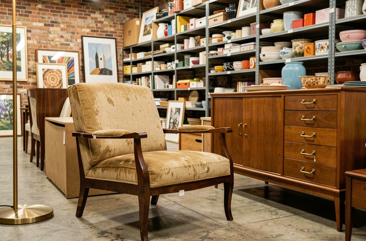Intérieur d'un dépôt-vente à Caen avec meubles vintage en bois et objets de décoration d'occasion