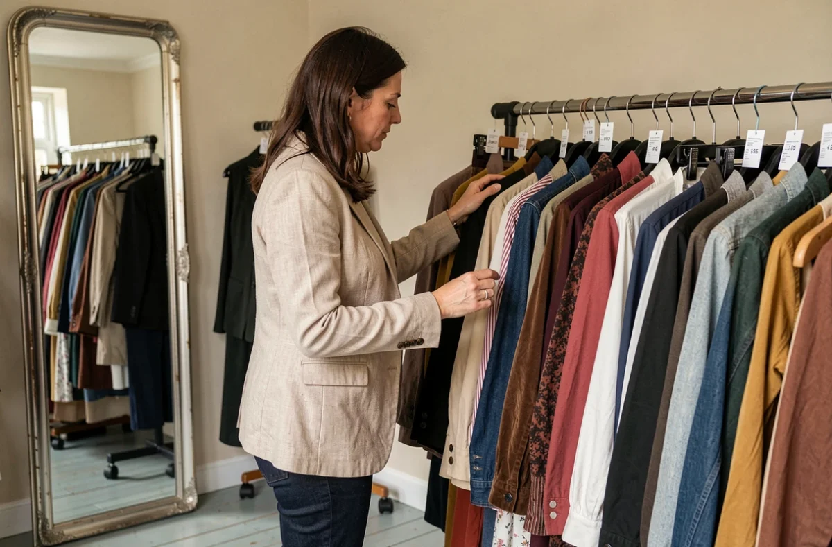 Femme qui fait du shopping dans un dépôt-vente mode à Caen, parcourant des vêtements de seconde main sur un portant
