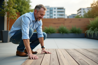 Paysagiste inspectant un deck en bois composite en extérieur