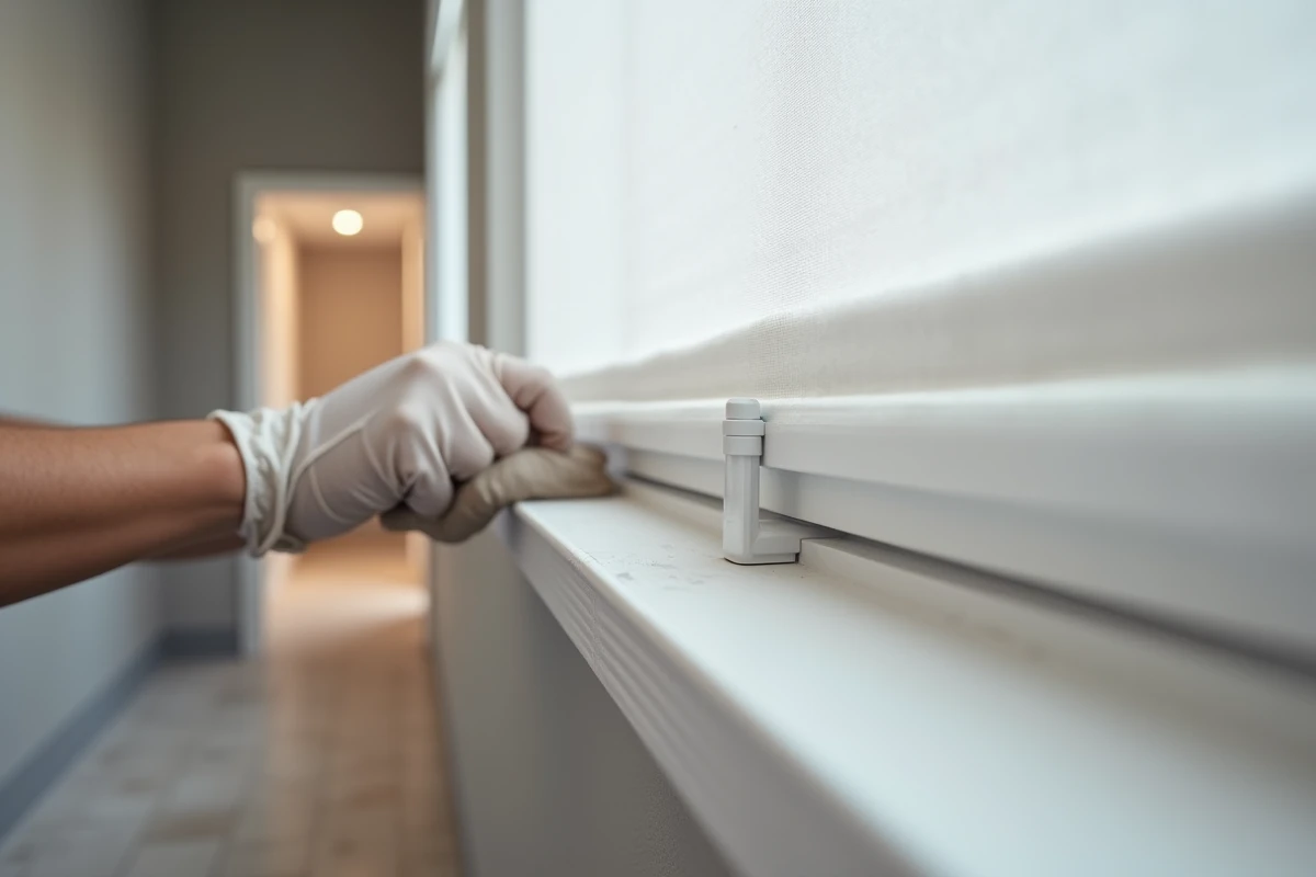 Gros plan sur la fixation d'une toile tendue dans un rail PVC lors d'une pose au plafond