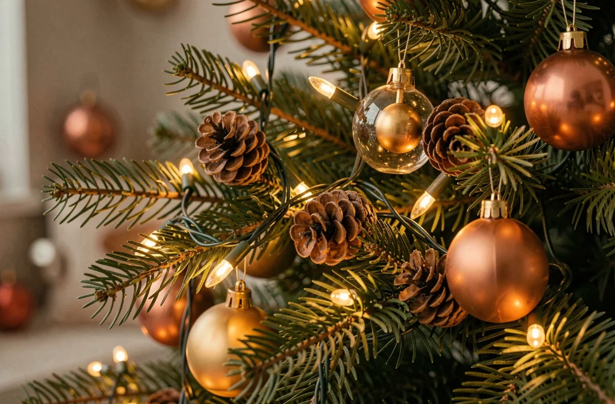 Gros plan sur les branches d'un sapin décorées d'une guirlande LED ambre avec ornements dorés