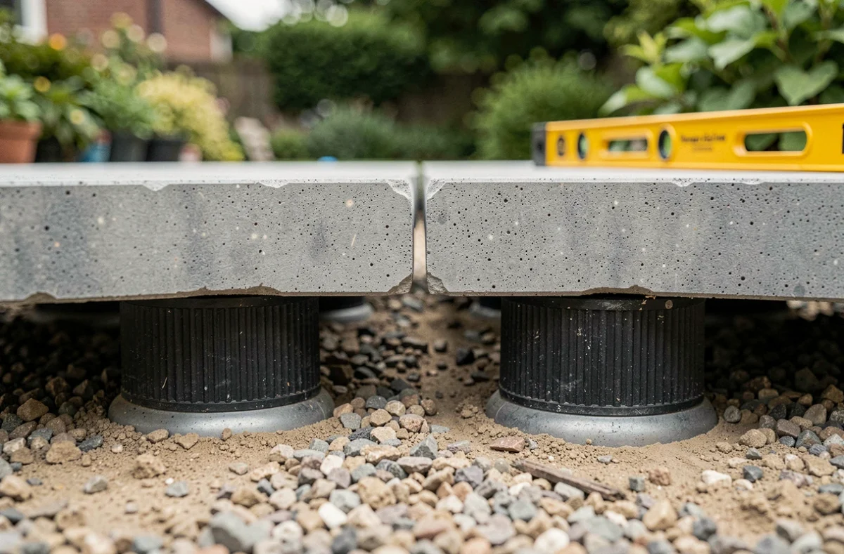 Détail de plot réglable béton sous dalle de terrasse avec joint d'espacement