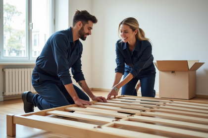 Deux monteurs professionnels en uniforme assemblent un lit