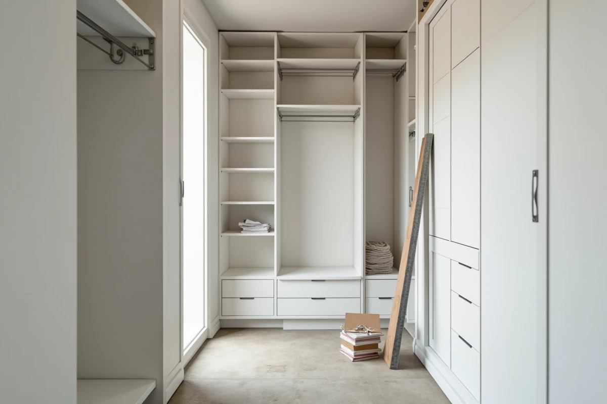 Dressing sur mesure en cours d'installation avec modules MDF blancs, mètre pliant et cotes manuscrites sur une étagère