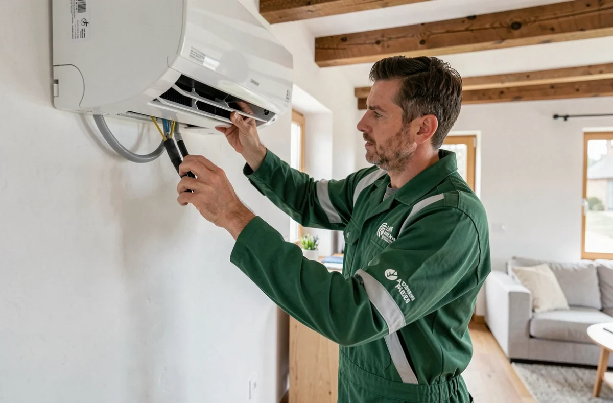 Technicien ECO CONFORT 24 en uniforme vert installant un système de climatisation éco-énergétique dans un intérieur moderne en Dordogne