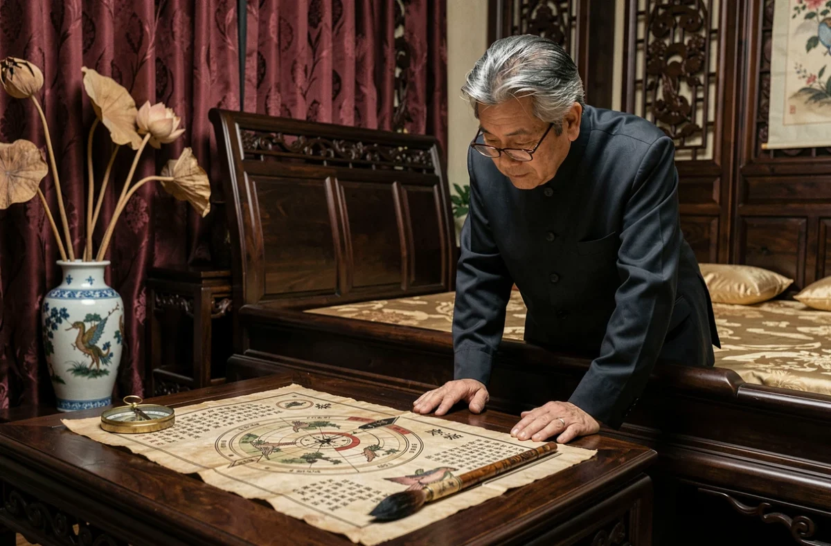 Homme étudiant des diagrammes feng shui traditionnels avec boussole en laiton pour déterminer l'orientation du lit selon l'école classique