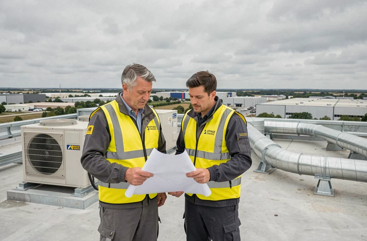 Deux ingénieurs Eiffage Énergie Systèmes Clemessy en gilets de sécurité examinant des plans devant des systèmes CVC industriels sur un toit en Nouvelle-Aquitaine