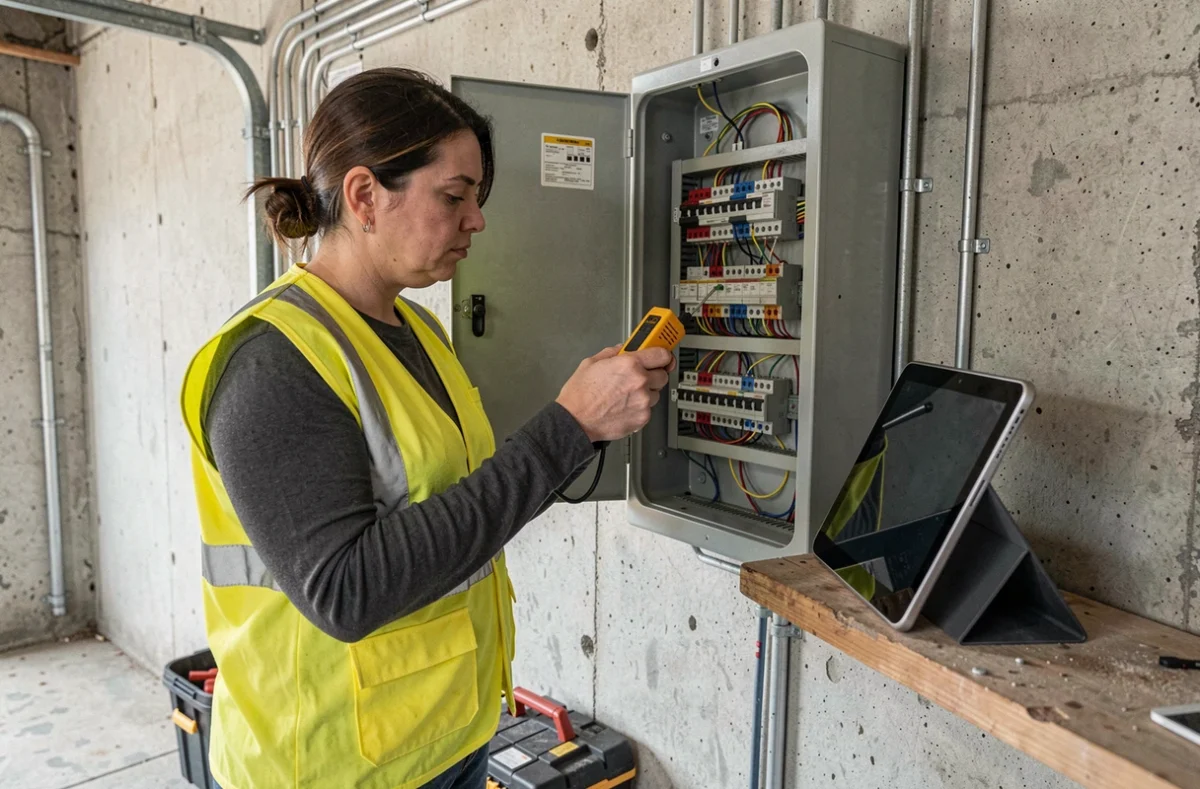 Électricienne qualifiée intervenant sur un tableau électrique dans un garage lors d'une panne résidentielle