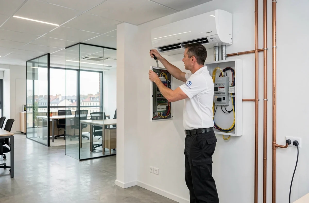 Technicien Électricité Générale et Climatisation Bordeaux installant une unité de climatisation dans un bureau moderne