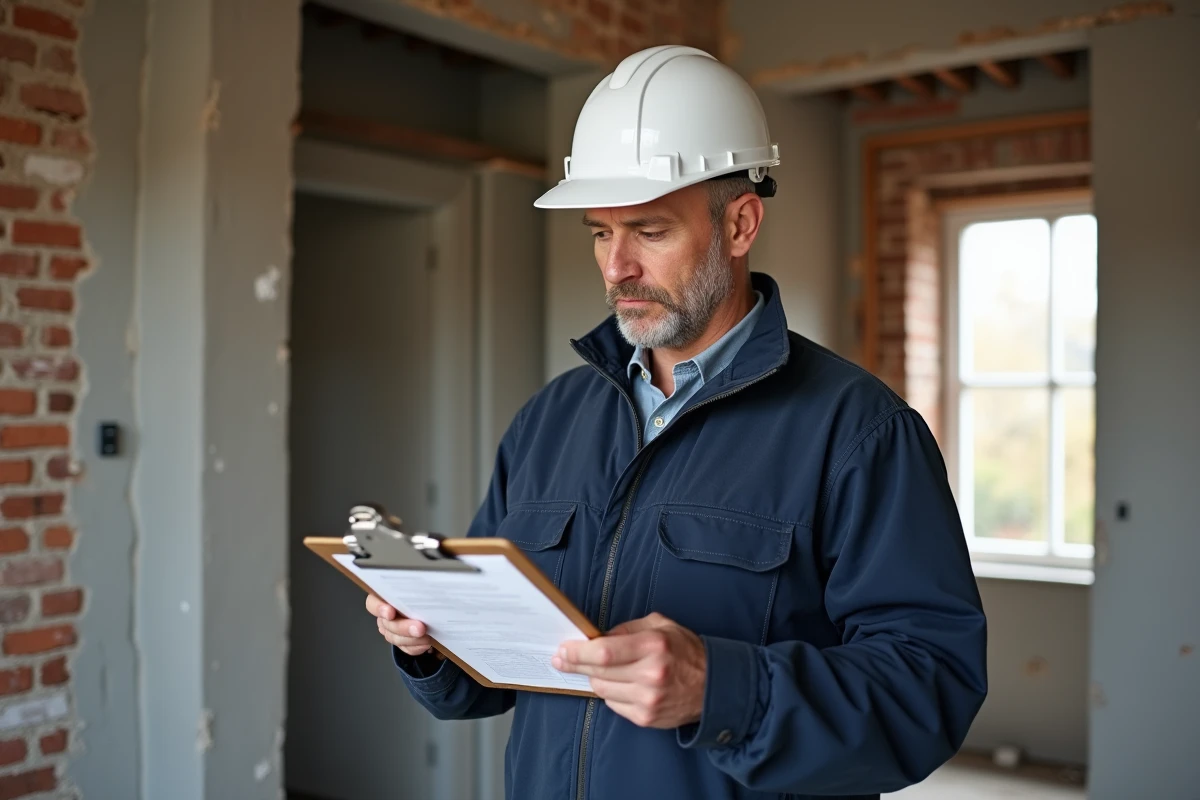 Entrepreneur en bâtiment examinant un devis de rénovation sur chantier dans une maison belge en travaux