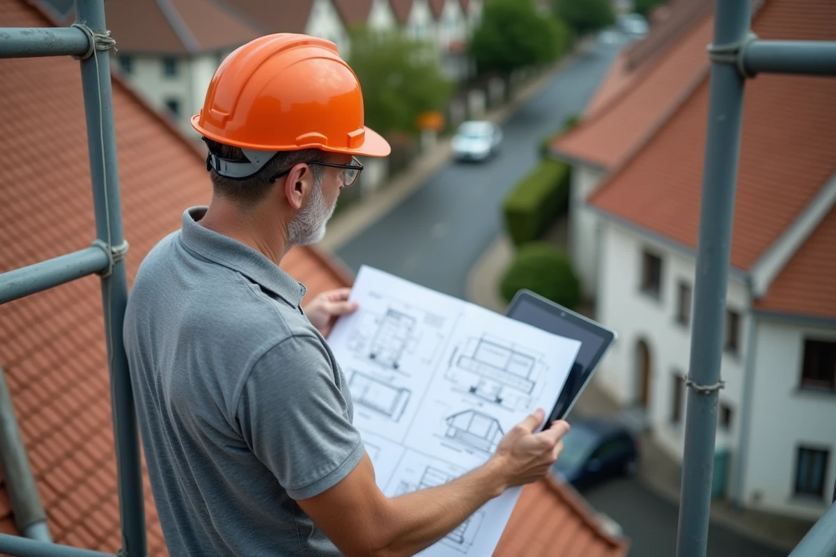 Entrepreneur en toiture consultant des plans et un devis chiffré sur tablette devant une toiture en tuiles de 100m2