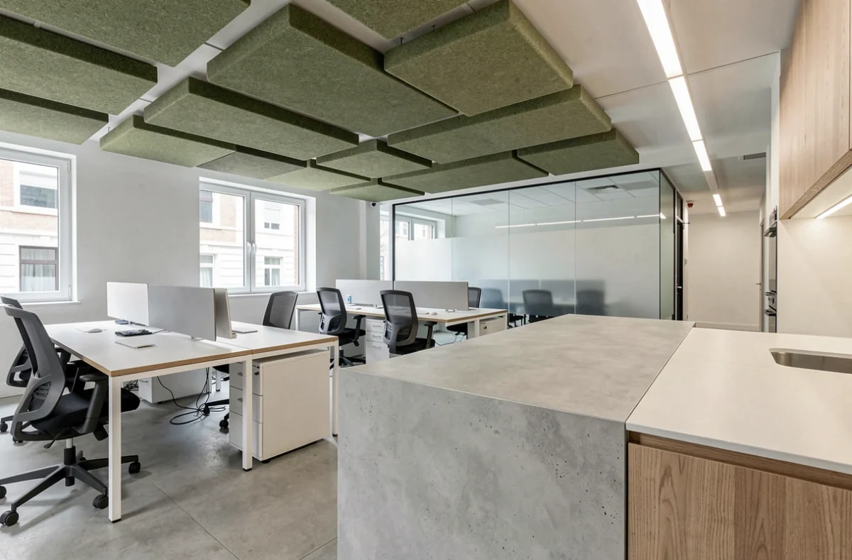 Rénovation d'un espace de bureaux professionnels avec baffles acoustiques verts, postes de travail ergonomiques et salle de réunion vitrée, projet Ertec dans le Val-d'Oise