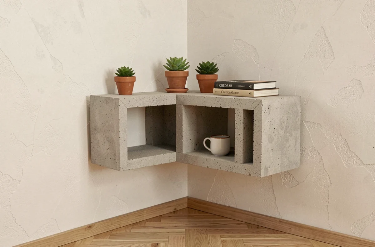 Étagère en béton cellulaire faite maison installée dans un salon minimaliste avec plantes et livres