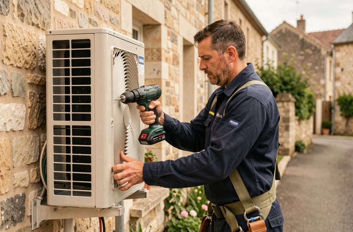 Technicien de l'EURL DB Climatisation installant un système de climatisation sur la façade d'une maison en pierre