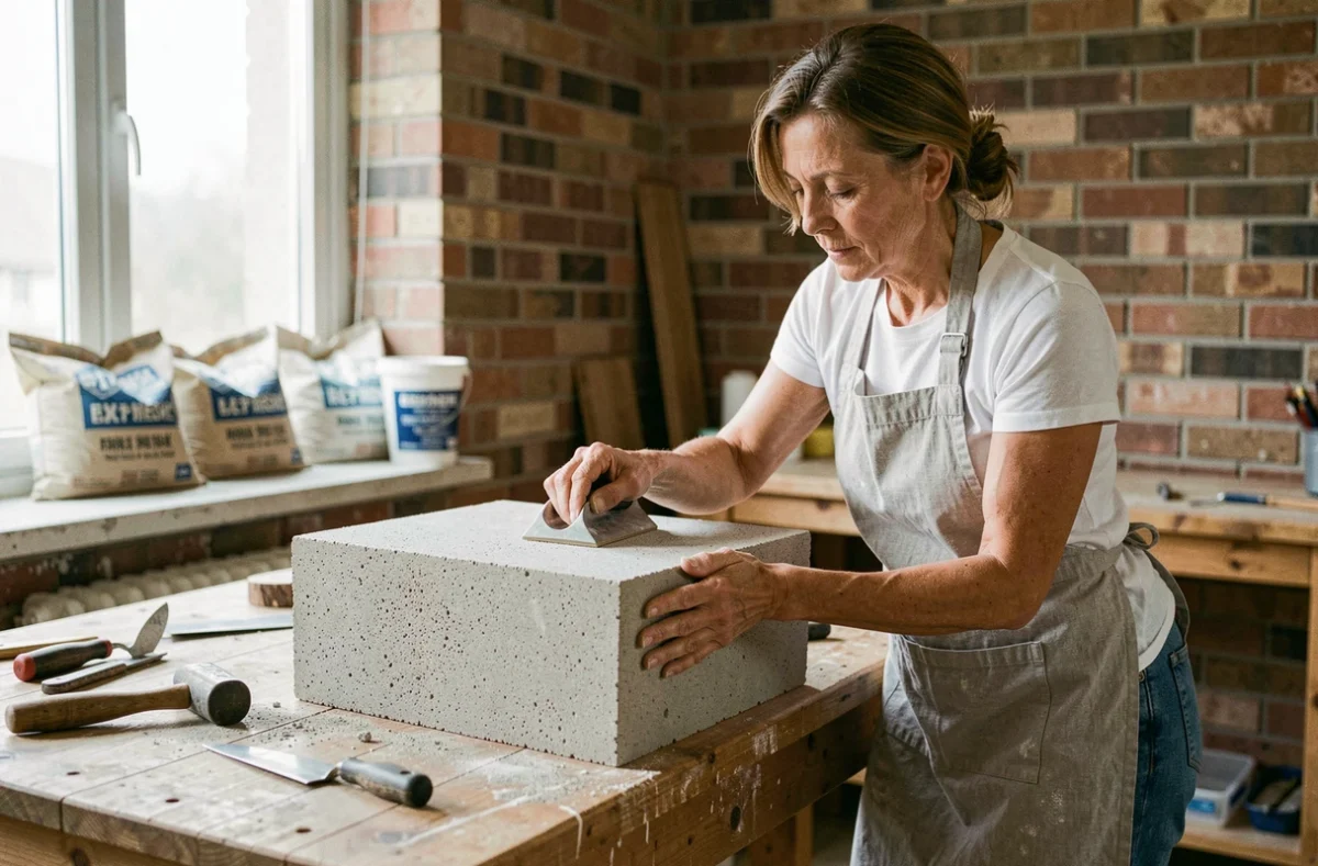 Femme artisane ponçant une table basse en béton cellulaire fait maison dans un atelier de bricolage