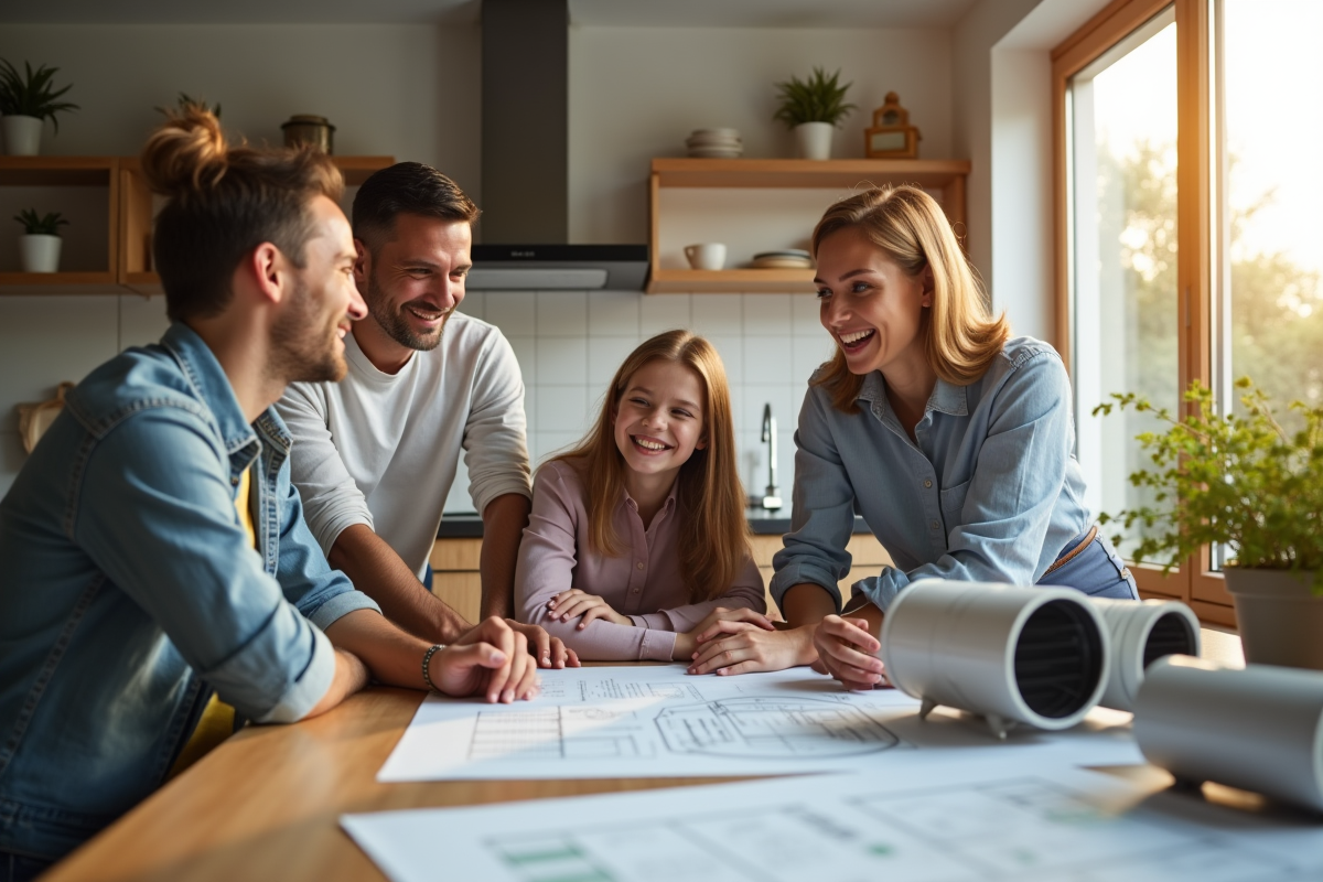 Famille heureuse discutant ventilation avec un expert dans une cuisine lumineuse
