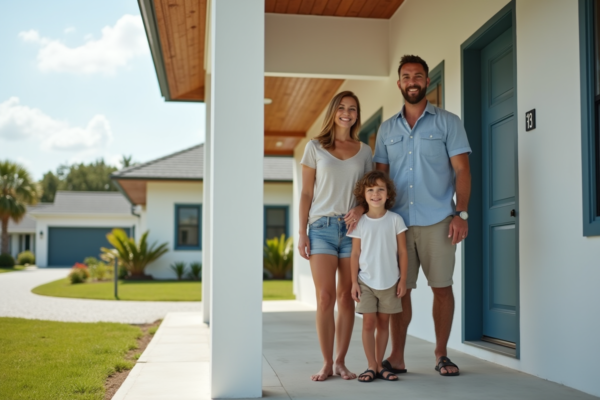 Famille heureuse devant maison résistante aux ouragans