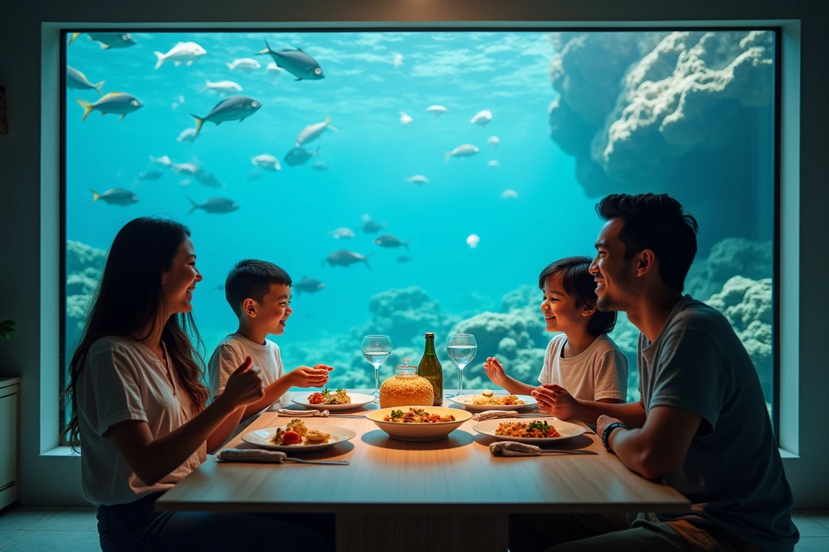 Famille partageant un repas dans la cuisine sous-marine