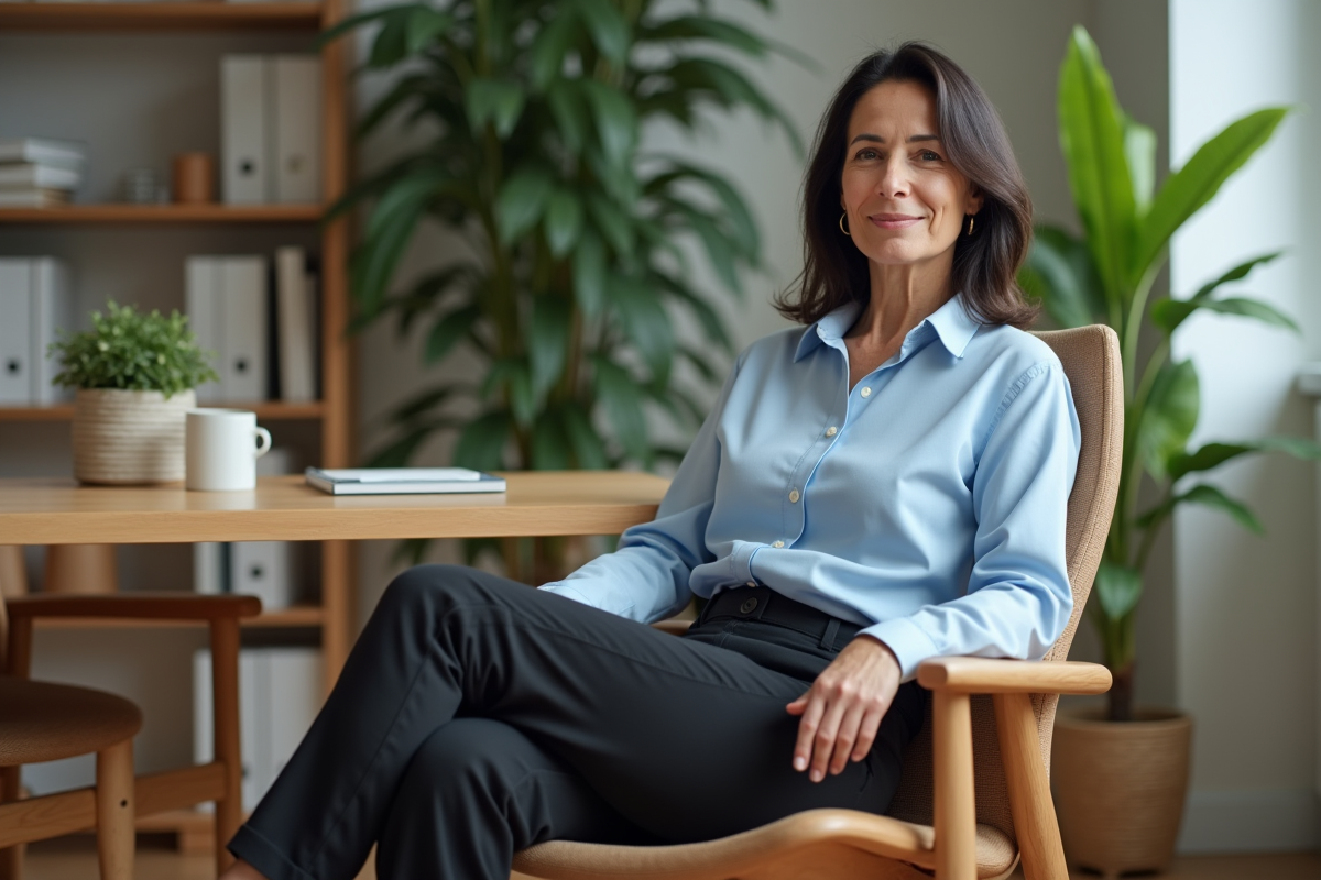 Femme d'âge moyen assise dans un bureau lumineux