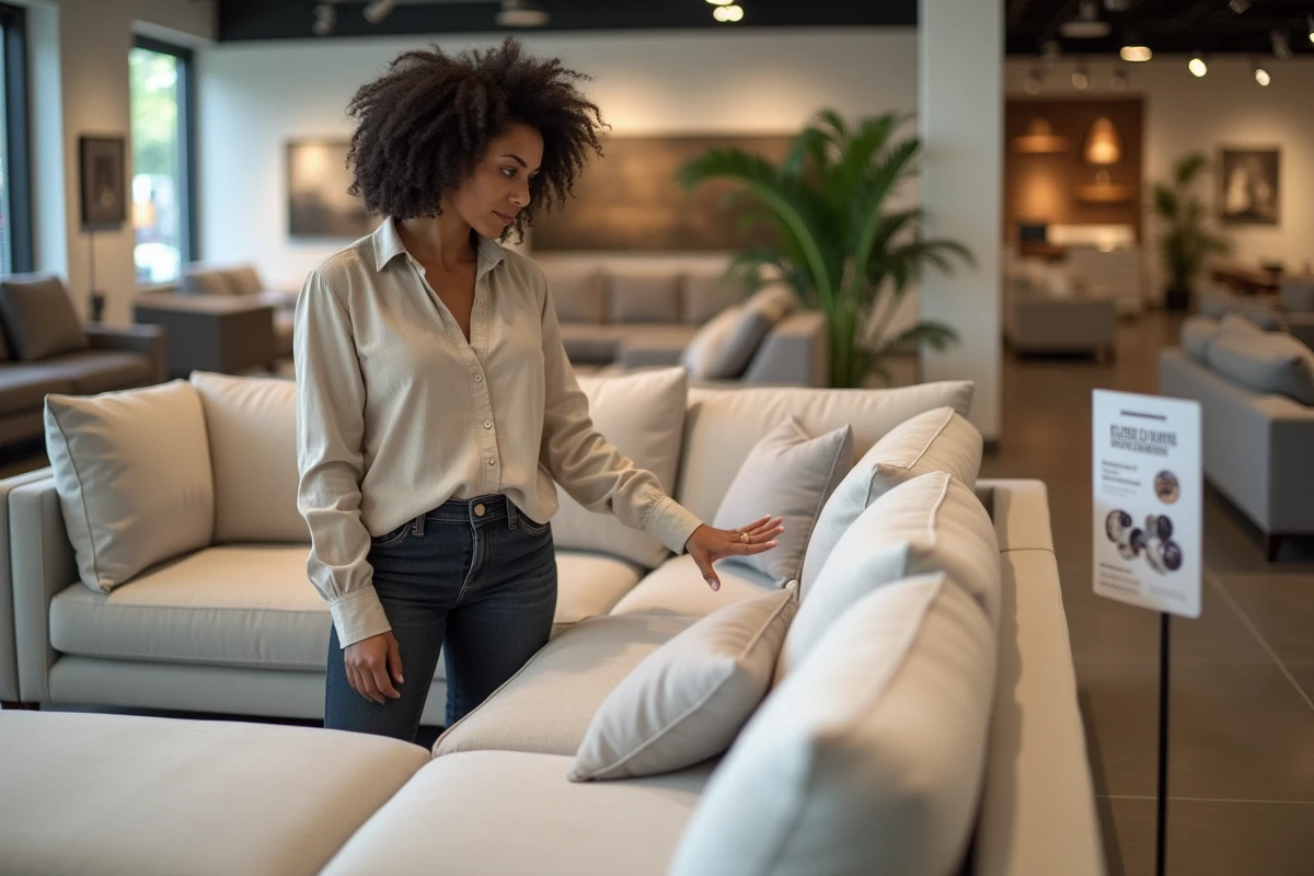 Femme examinant un canapé en promotion dans un magasin Poltron et sofa à Aubagne