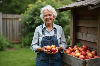 Femme méditative tenant des pommes pourries près du compost