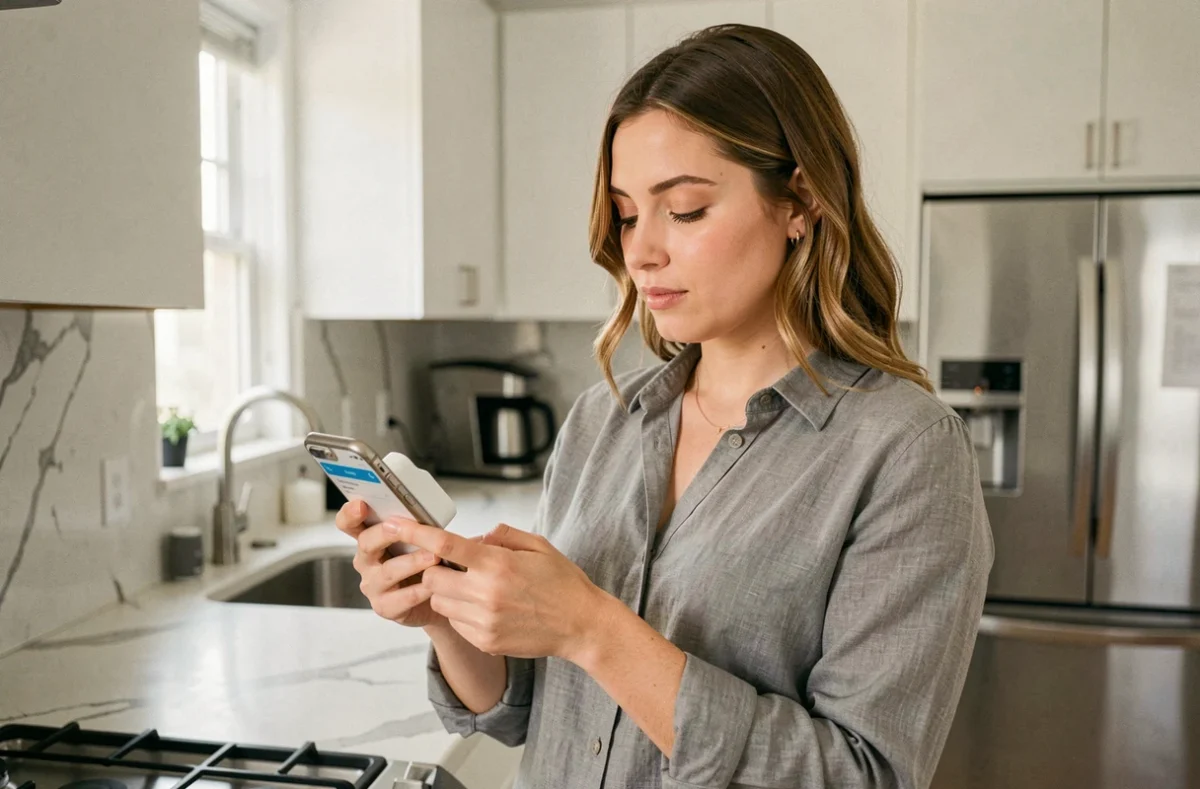 Femme configurant une prise connectée via une application smartphone dans une cuisine moderne aux meubles blancs et plan de travail en marbre