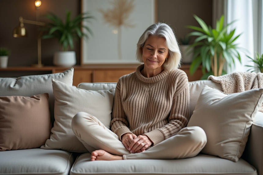Femme d'âge moyen assise sur un canapé en laine confortable