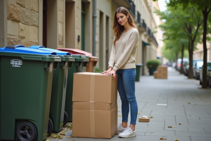 Jeune femme déchargeant des cartons près des poubelles