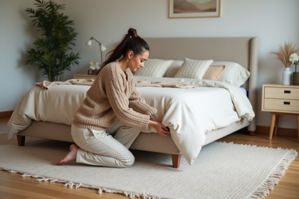 Femme ajustant un tapis dans une chambre moderne chaleureuse
