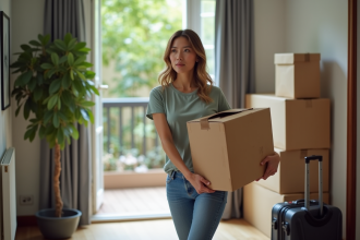 Jeune femme portant une boîte de déménagement dans un appartement moderne