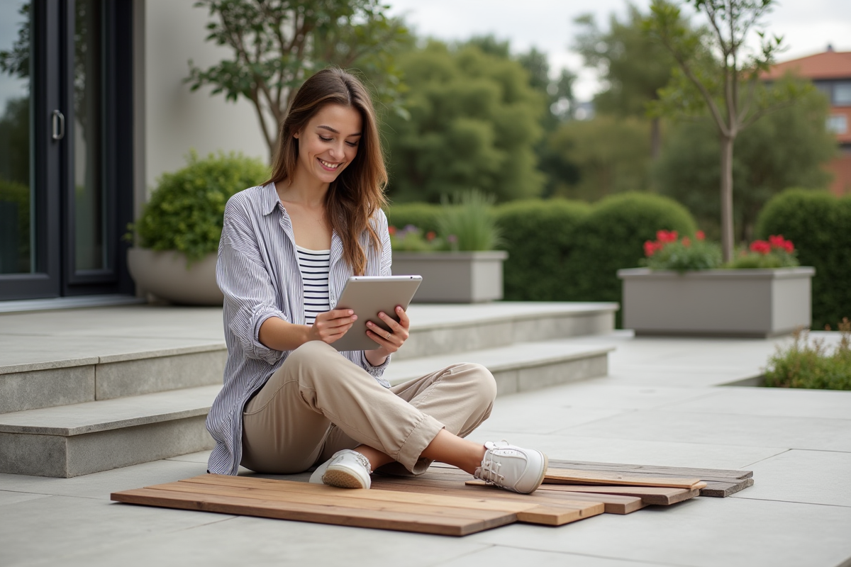 Jeune femme comparant des échantillons de matériaux pour terrasse