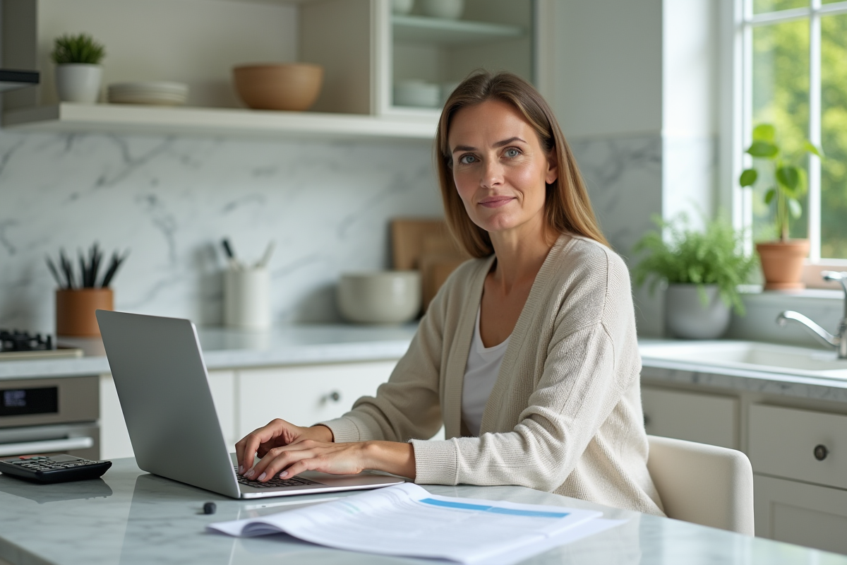 Femme au comptoir de cuisine avec factures et ordinateur
