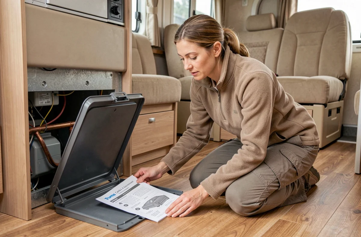 Femme consultant un guide de codes erreur Truma Combi 4 devant un panneau de service ouvert dans un camping-car