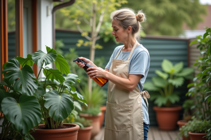 Femme en tablier de lin vaporise neem sur une plante verte