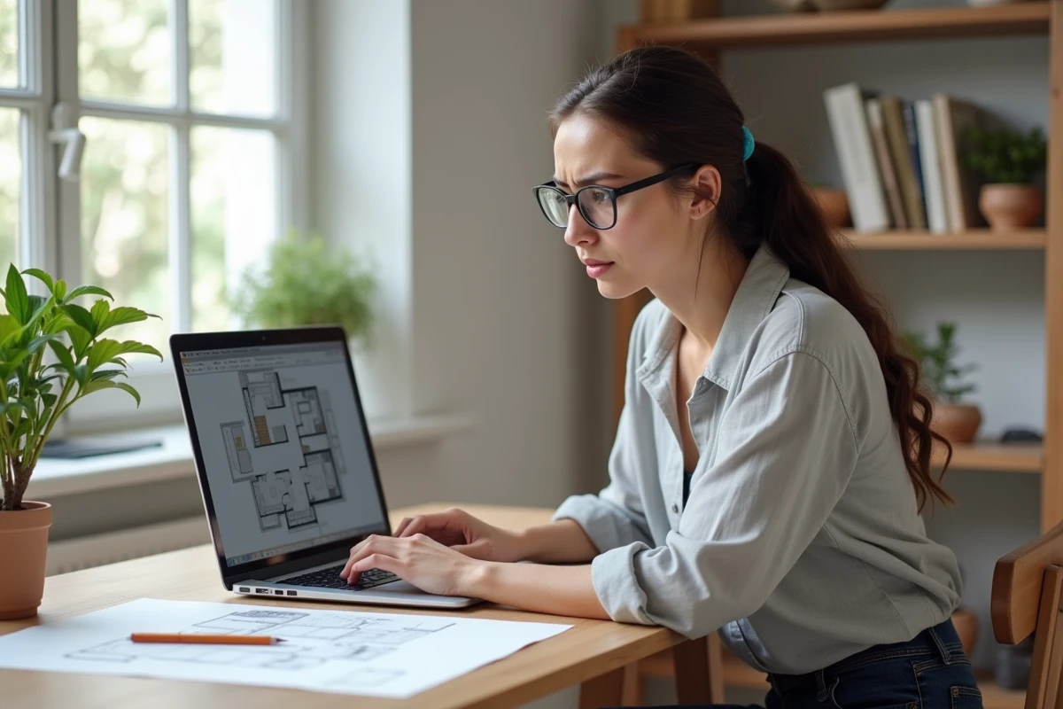 Femme utilisant un logiciel de plan 3D Kozikaza sur ordinateur portable dans un bureau à domicile