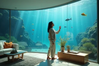 Femme regardant l'aquarium intérieur de sa maison sous-marine