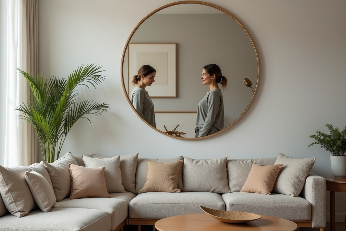 Femme d'âge moyen ajustant un grand miroir dans un salon moderne