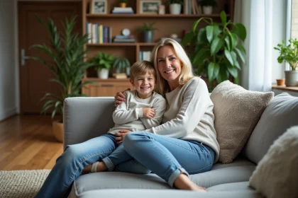 Femme d'âge moyen et jeune garçon dans un salon moderne