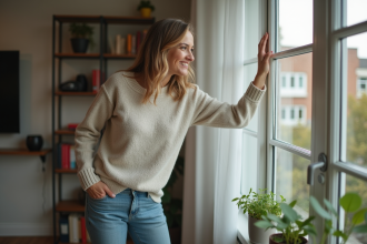 Femme dans un appartement moderne ouvre une fenêtre