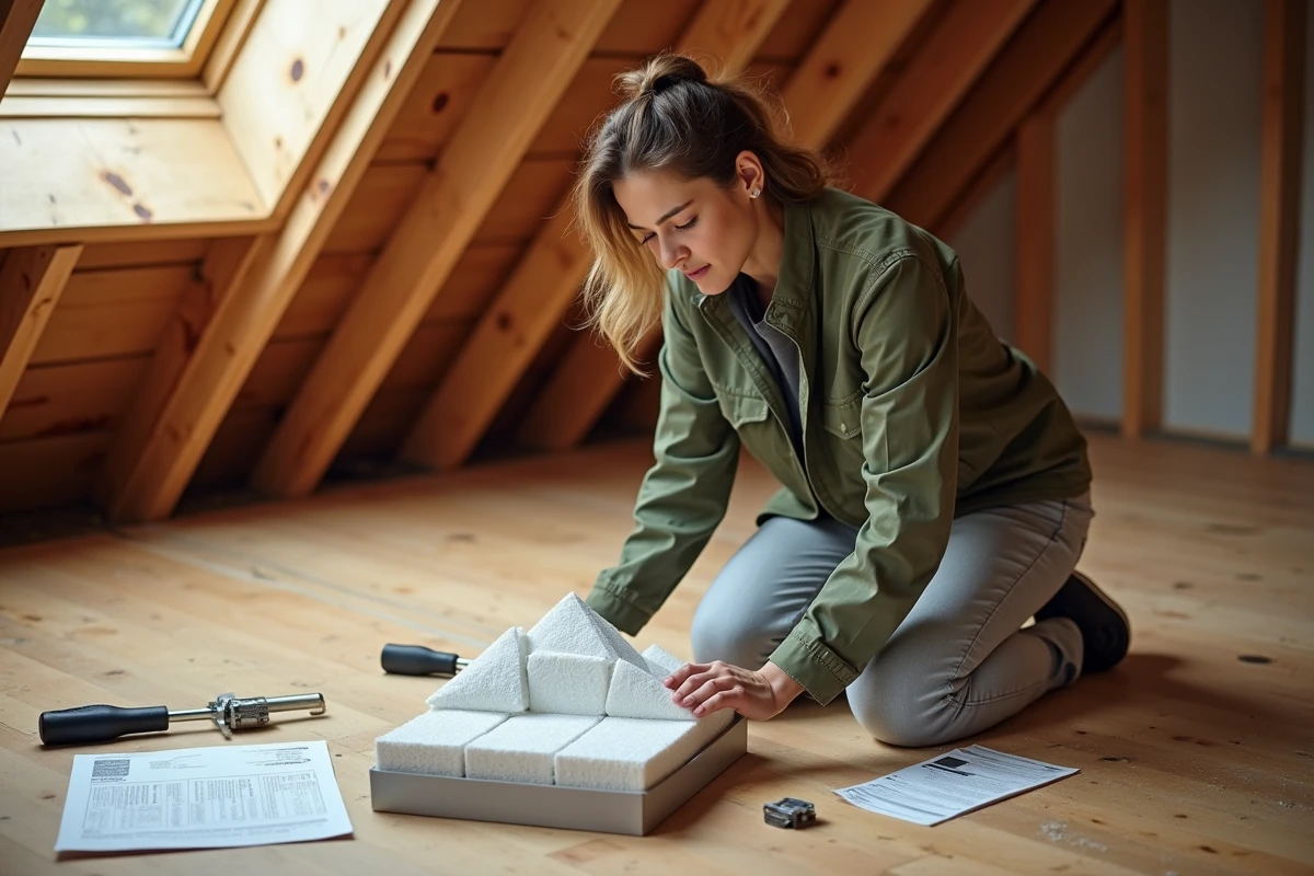Femme bricolant l'installation d'un accessoire d'isolation pour fenêtre de toit Velux dans un grenier en rénovation