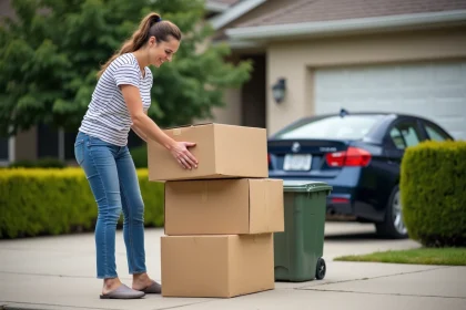 Femme d'âge moyen plie des cartons dans la cour de sa maison