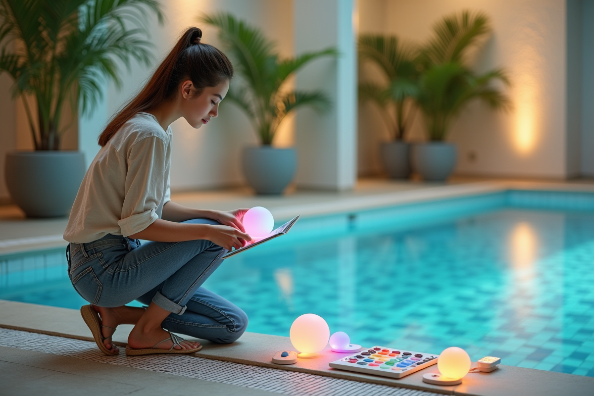 Jeune femme choisissant des lumières de piscine dans un spa intérieur