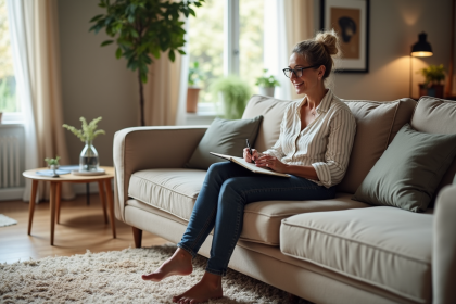 Femme assise sur un sofa moderne en train de dessiner dans un salon lumineux