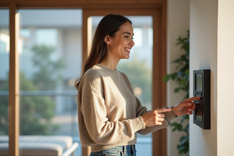 Femme souriante utilisant un panneau de contrôle domotique